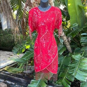 Beaded fringe 80s dress with cut out back